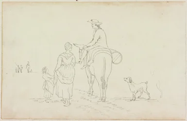 Homme sur un âne, avec une femme, un enfant et un chien
